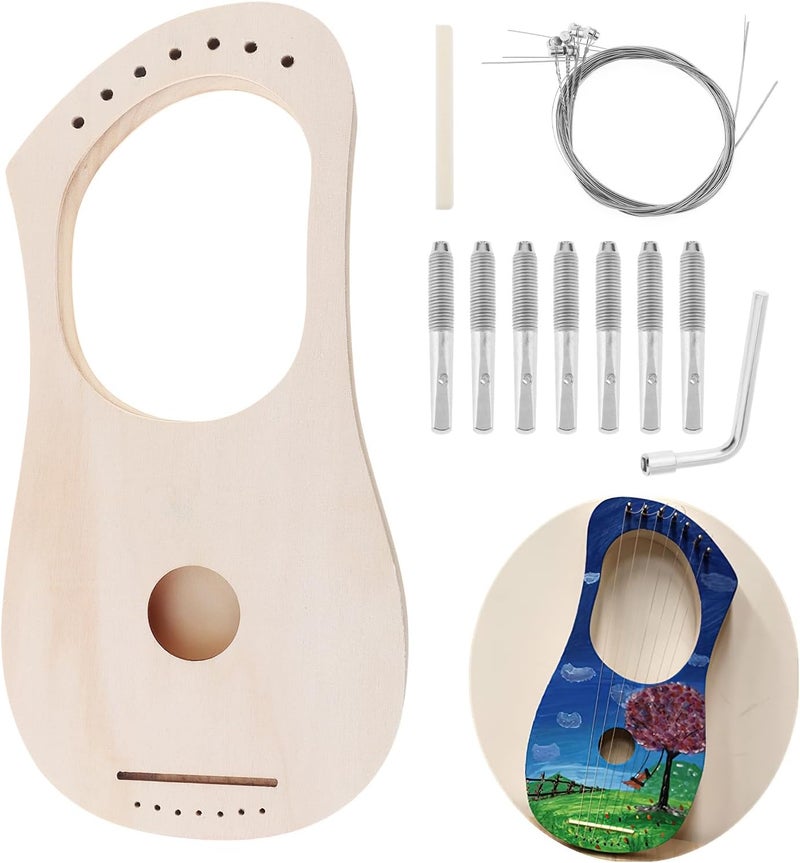 OriGlam Lyre Harp 7 String DIY Kit, Make Your Own Bass Wood, Lyres Wood Lyre Harp with String Post Saddle Tuning - Image 1